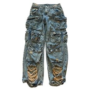 Fashion Nova Cargo Jeans Distressed Acid Wash Multi Pocket Denim DT14ULD Size 11